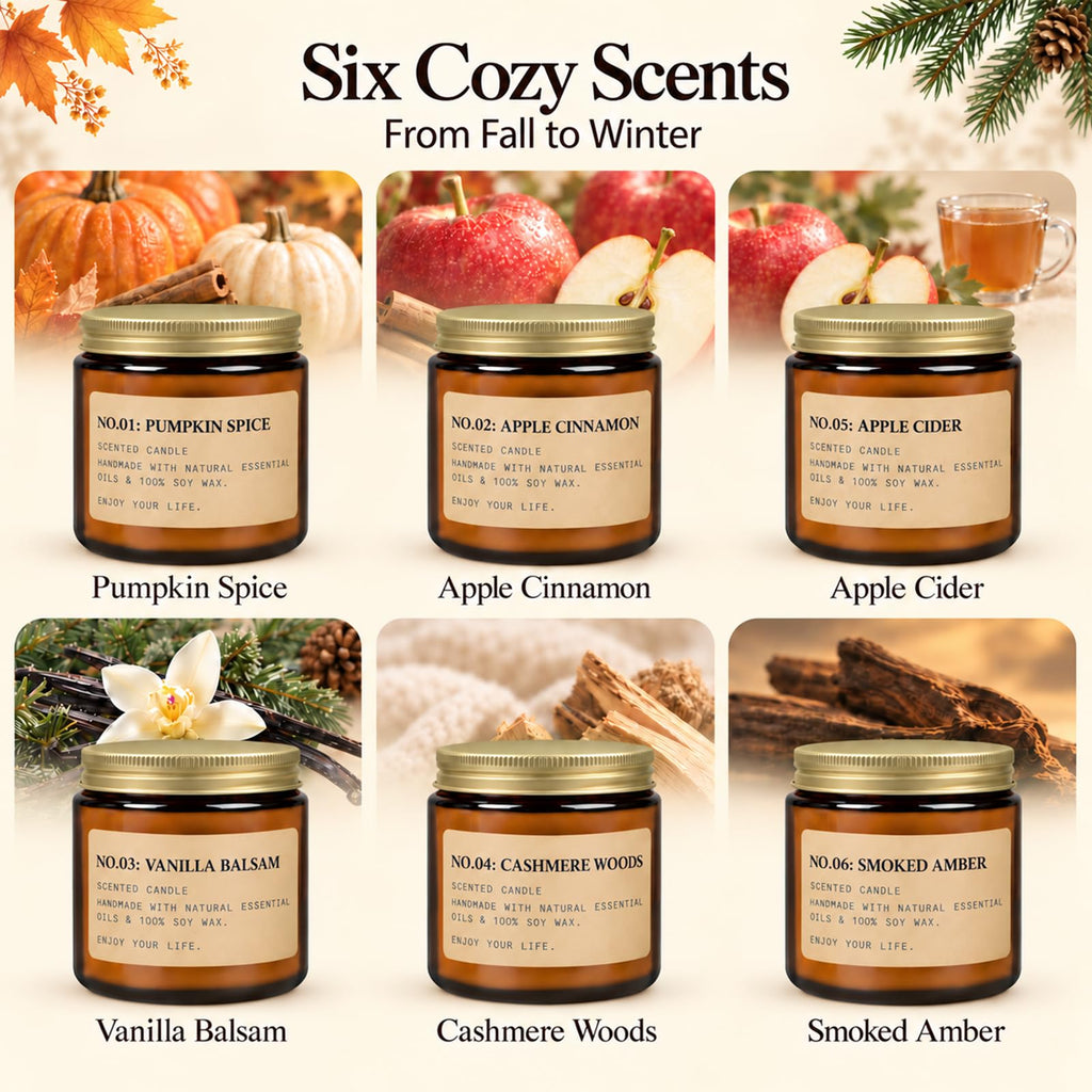 Fall & Winter Scented Candles Gift Set, 6 x 3.5 oz, Apple, Pumpkin & Balsam