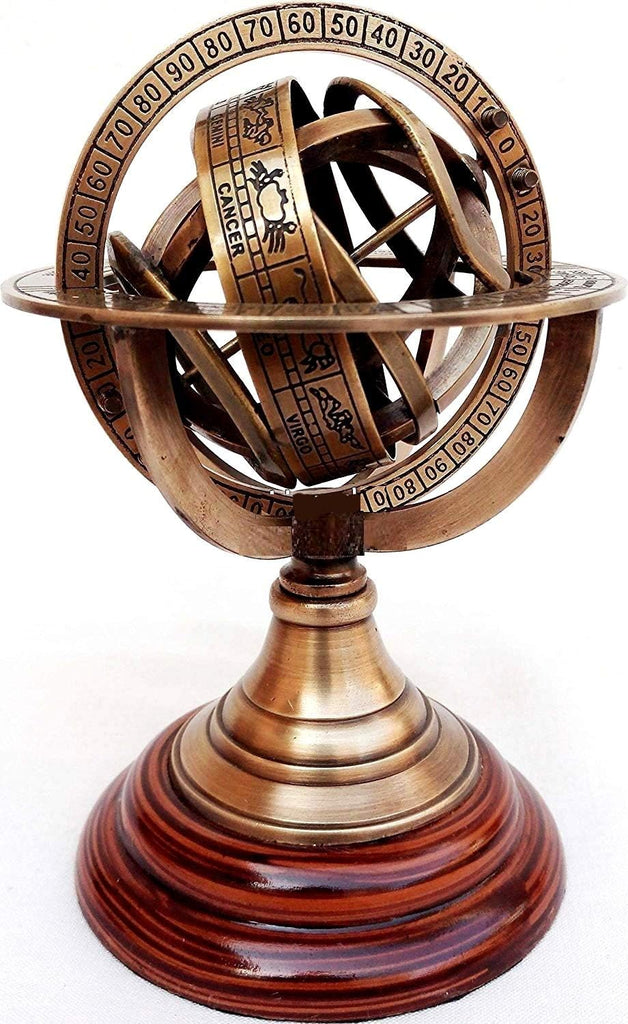 Brass Armillary Sphere Astrolabe On Wooden Base Maritime Nautical & Collectible Rustic Vintage Home Decor Gifts