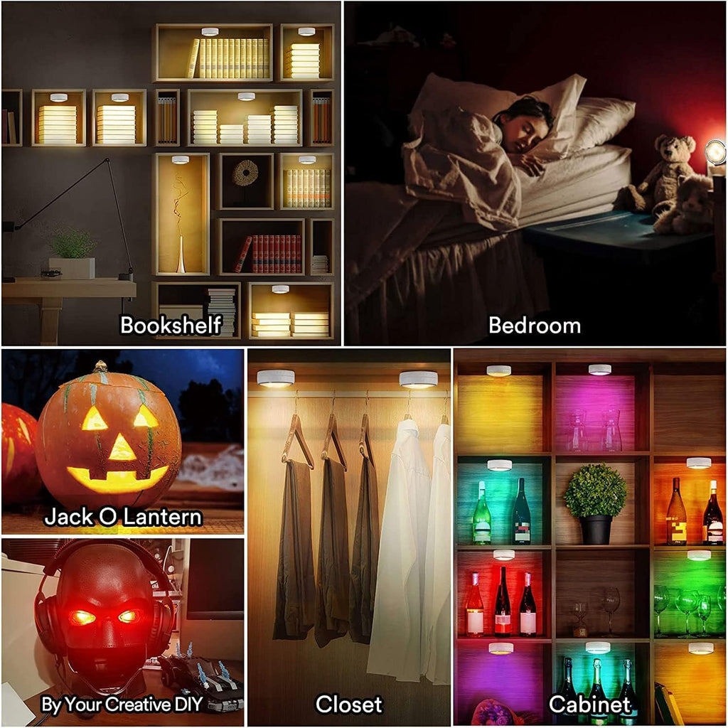 LED Puck Lights with Remote Battery Operated Under Cabinet Lighting Wireless Stick on Lights Color Changing Timer Tap