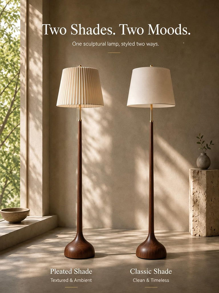 Mid Century Modern Wood & Brushed Brass Floor Lamp with Remote