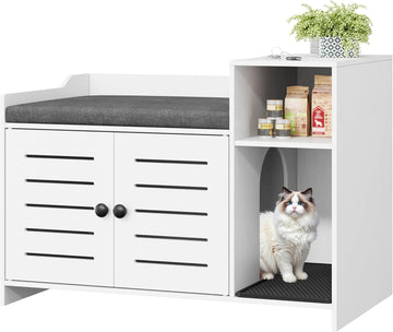 Tall Cat Litter Box Enclosure, 33.8" Wood Hidden Litter Box Cabinet Furniture with Scratch Pad, Large Farmhouse