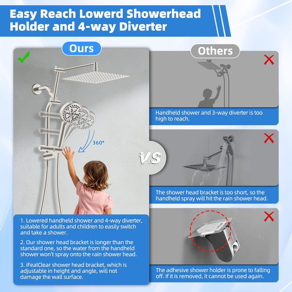 12" Metal Rain Shower Head with Filter Handheld 10-Spray Combo, Easy Reach