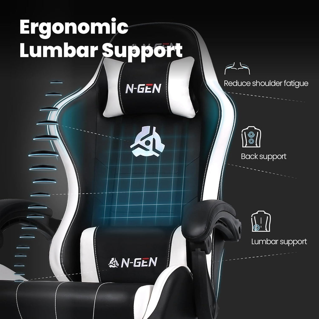 Gaming Chair, Footrest, Lumbar, High-Back, White Black