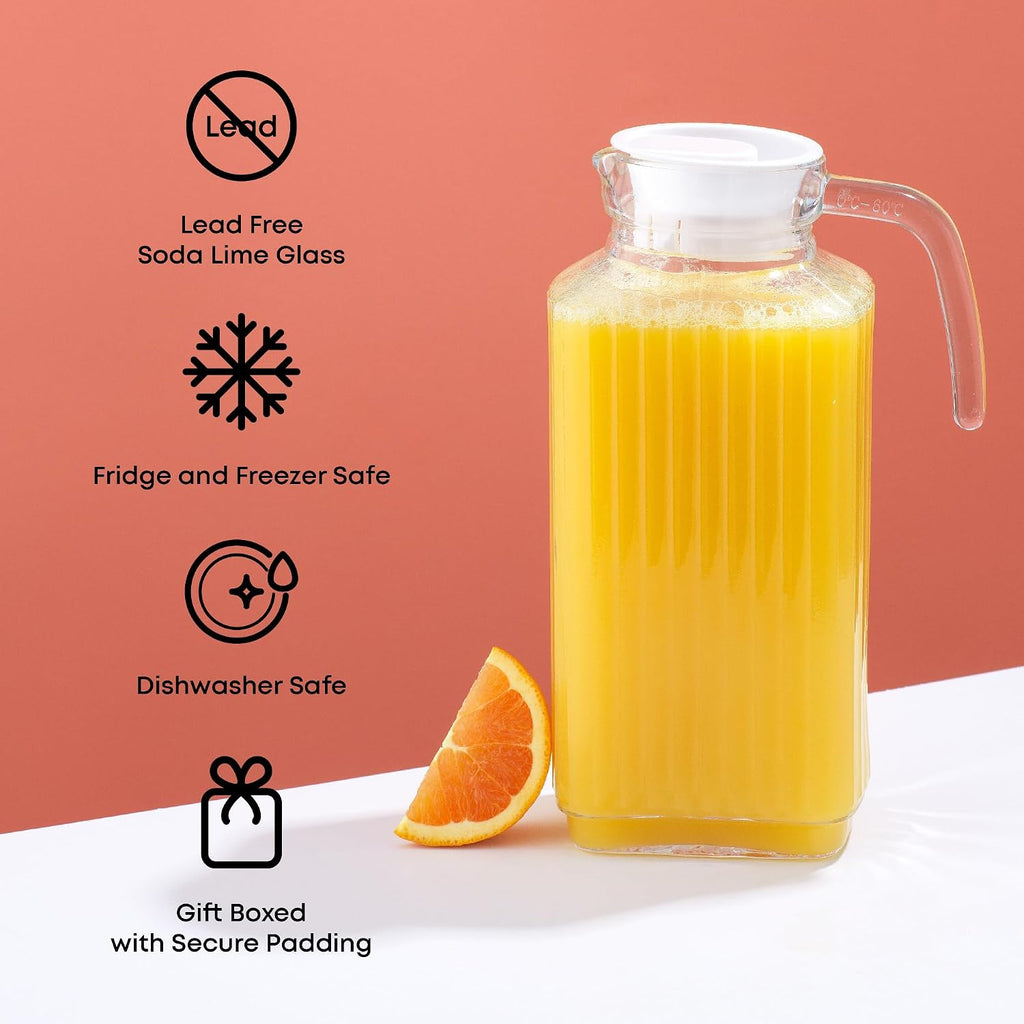 60oz Glass Pitcher with Lid (2 Lids) - Beverage Serveware and Storage Container for Cold Drinks and Liquids. Juice