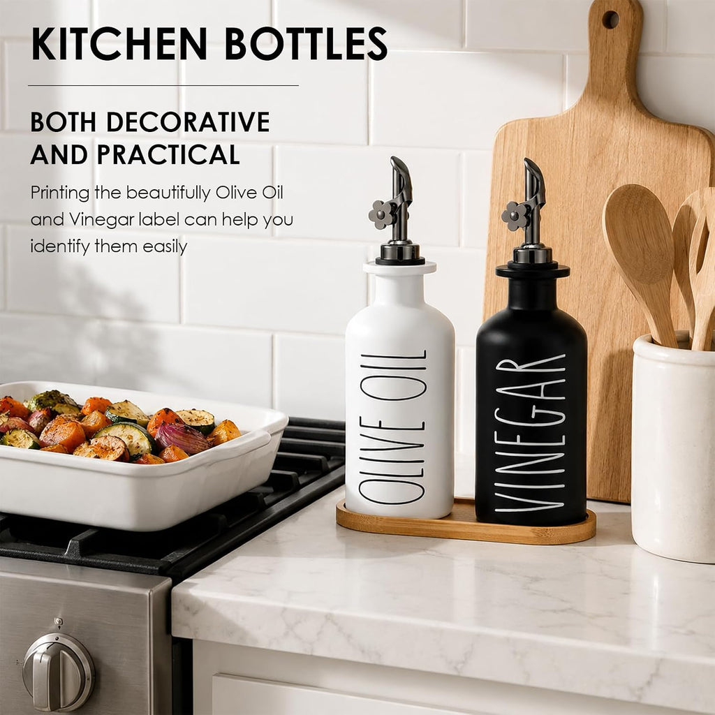 Premium Olive Oil Dispenser, 11.8oz Glass Oil Bottles with Bamboo Tray, Oil&Vinegar Cruet Set, Kitchen Dispenser - Set of 2