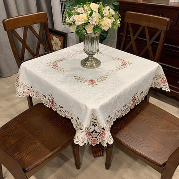 Square Tablecloth - Stain Resistant Damask Spillproof Flower Embroidered Lace Washable Table Cloth Kitchen Home