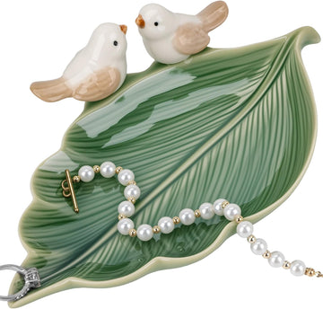 Green Ceramic Leaf Jewelry Tray with Bird Accents