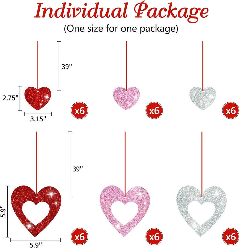 Valentine's Day Decorations, Glitter Heart Hanging Swirls - Set of 36