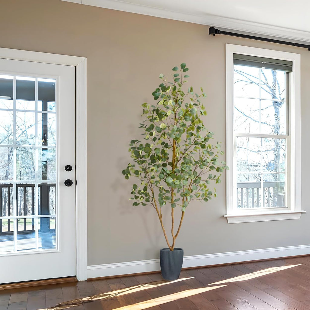 Artificial Eucalyptus Tree 7ft Faux Plant with Woven Basket