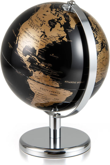 8" World Globe, Black Earth Globe with Gold Accents, Metal Stand, Non-slip Base & Time Zone, Decorative Tabletop Desk