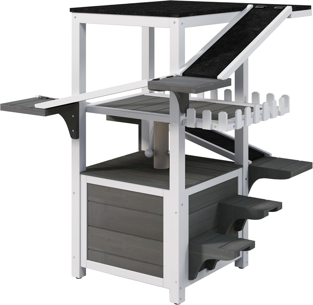 Weatherproof Outdoor Cat House, 4‐Tiers Outdoor Cat Tree Tower (Grey+White)