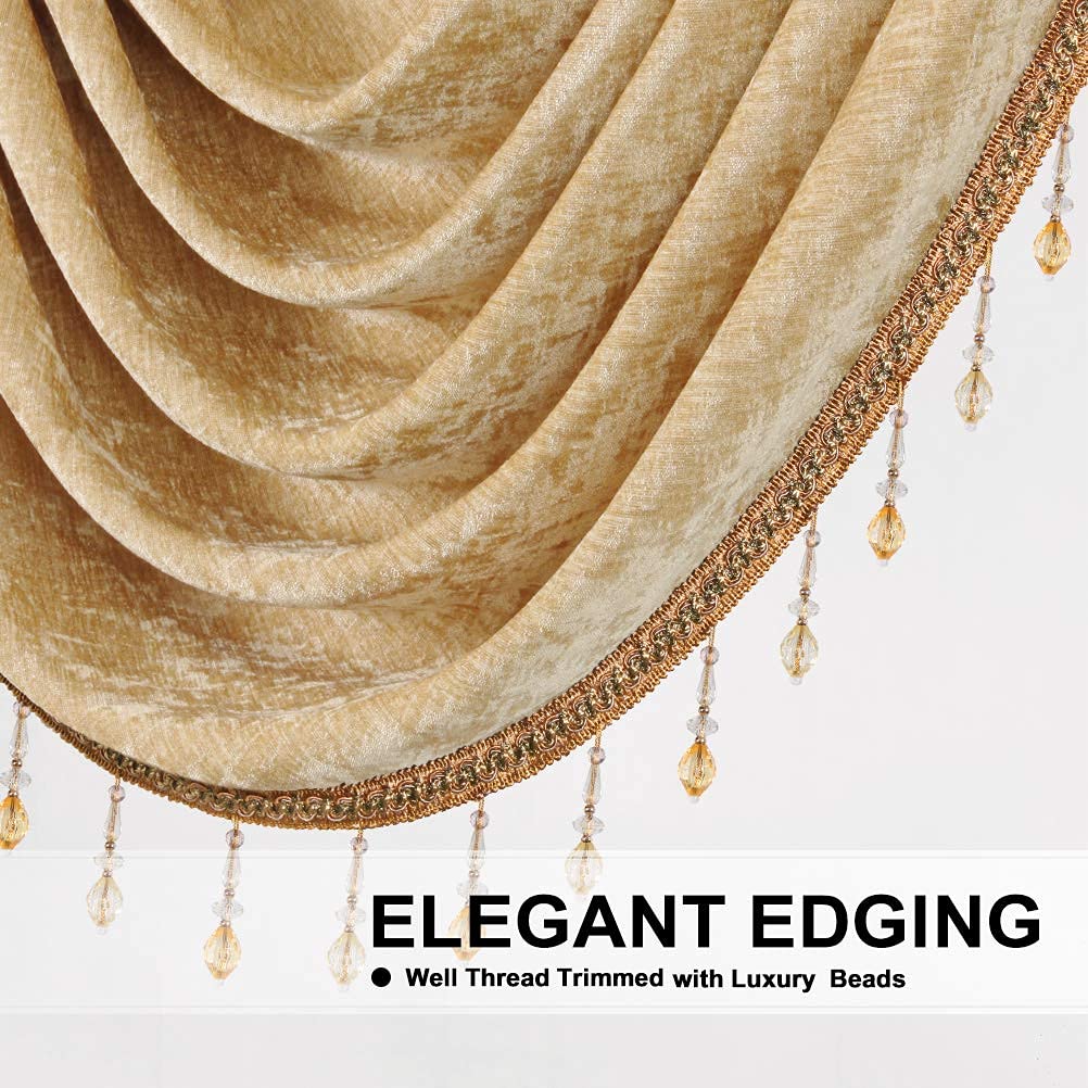 Thick Chenille Window Curtains Valance, Luxury Gold Valance with Beads, Rod Pocket (W79inch, 1 Panel)
