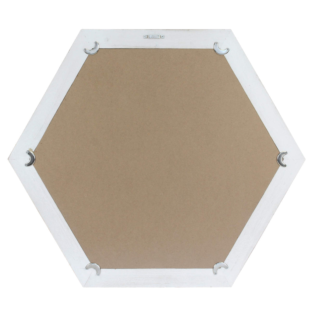 Decorative 24" Hexagon Wall Mirror with Worn White Wood Frame and Attached Hanging Bracket, Decorative Country Rustic