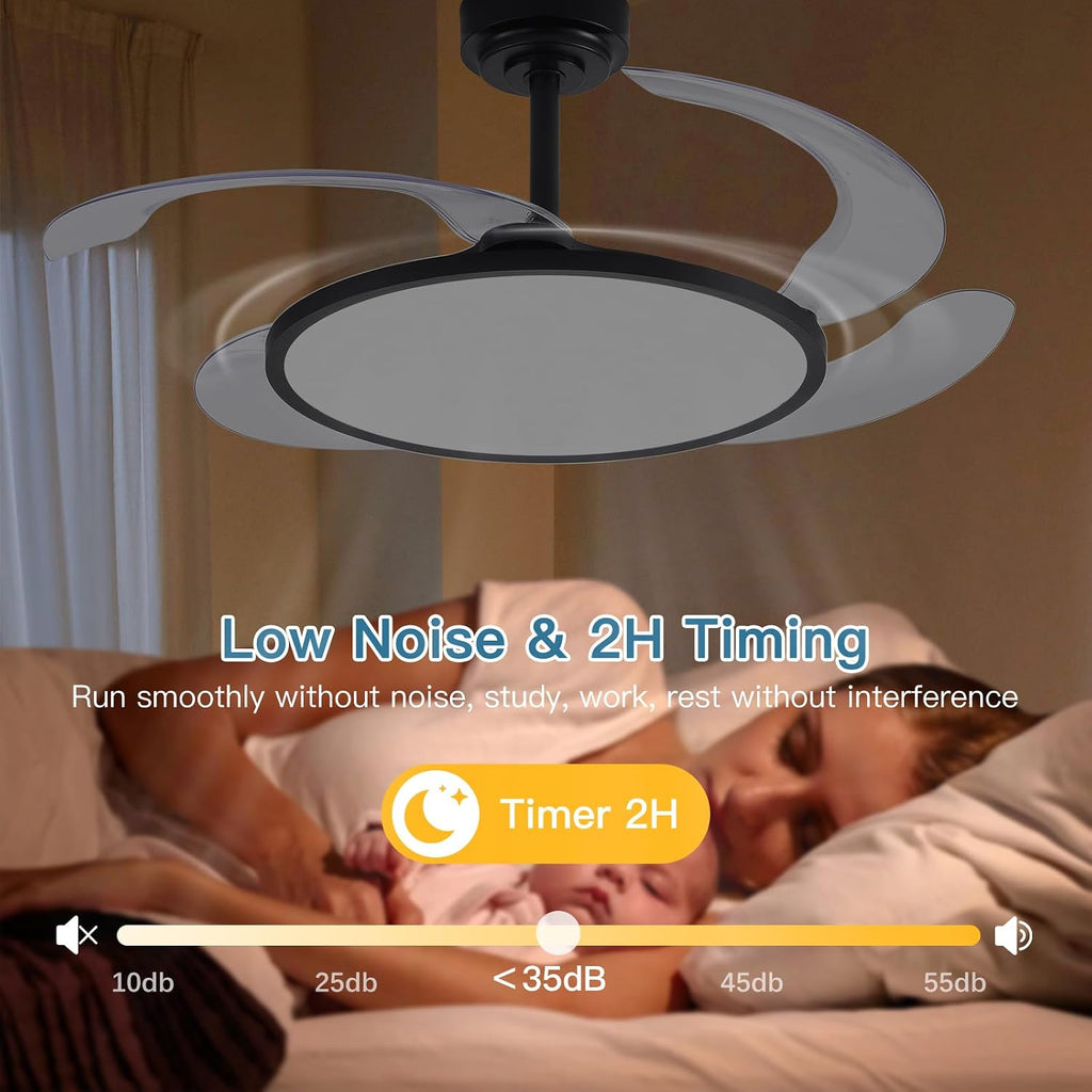 48'' Retractable Ceiling Fan with Remote Control,Bladeless Ceiling Fan with LED Lights,Stepless Full