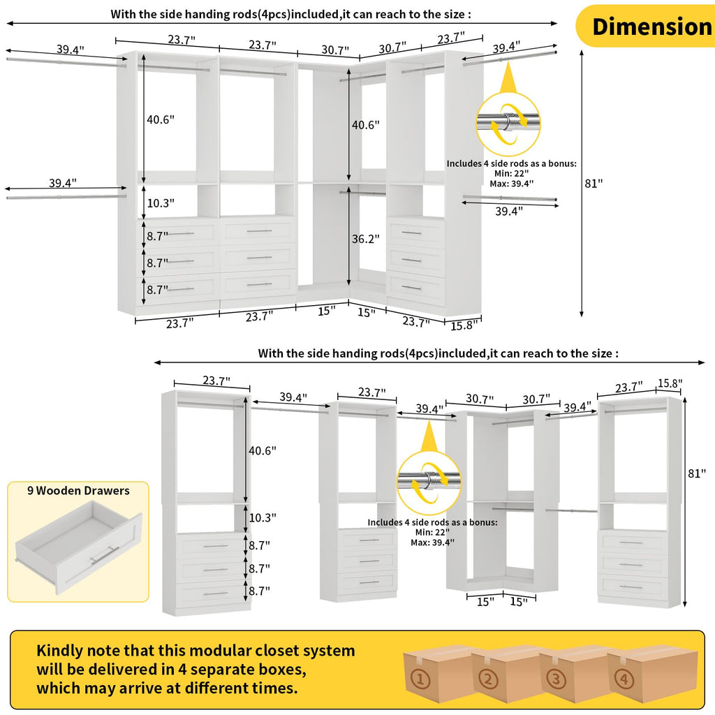 Closet System with 9 Drawers, Corner Closet Organizer System with 9 Hanging Rods Walk in Wooden Modular Closet