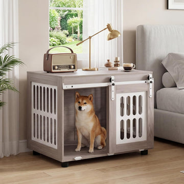 Farmhouse Wooden Dog Crate Furniture with Sliding Barn Door, 31.5-inch Wood Dog Kennel Furniture for Small Dogs, Dog