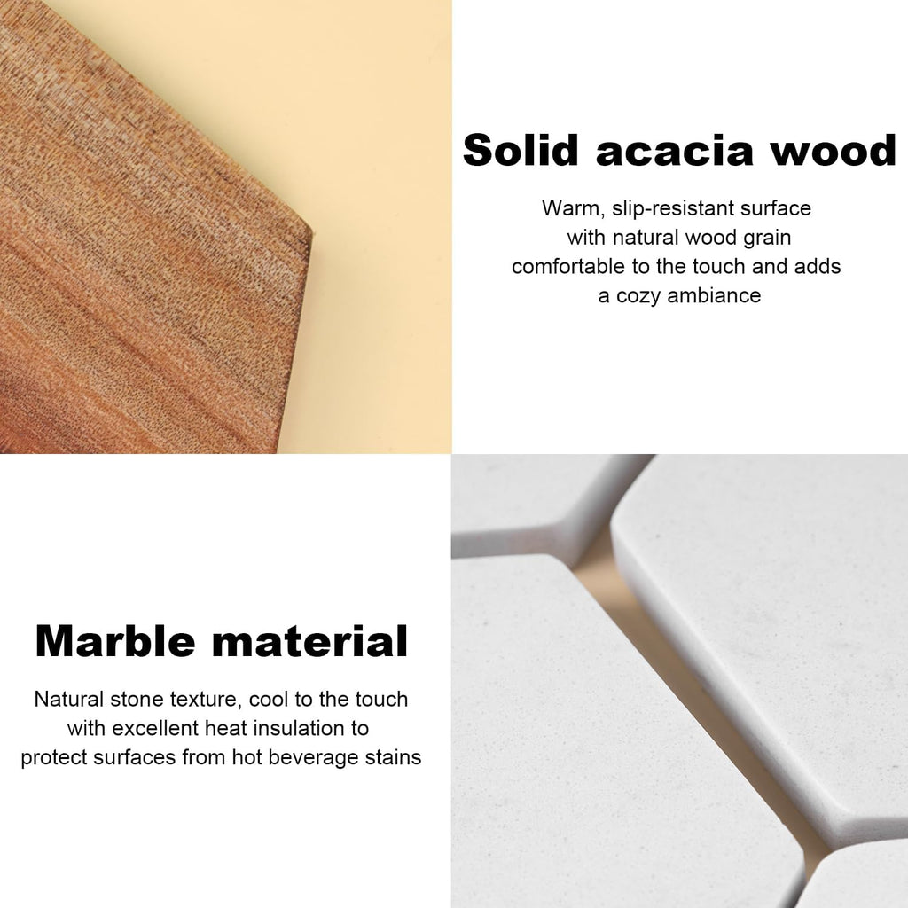 Marble Wood Coasters, Fun & Cute Drink Coasters for Coffee Table, Coffee Bar Decor & Desk Accessories, White - Set of 4