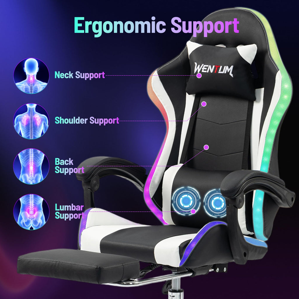 LED Lights Gaming Chair with Footrest, Black/White
