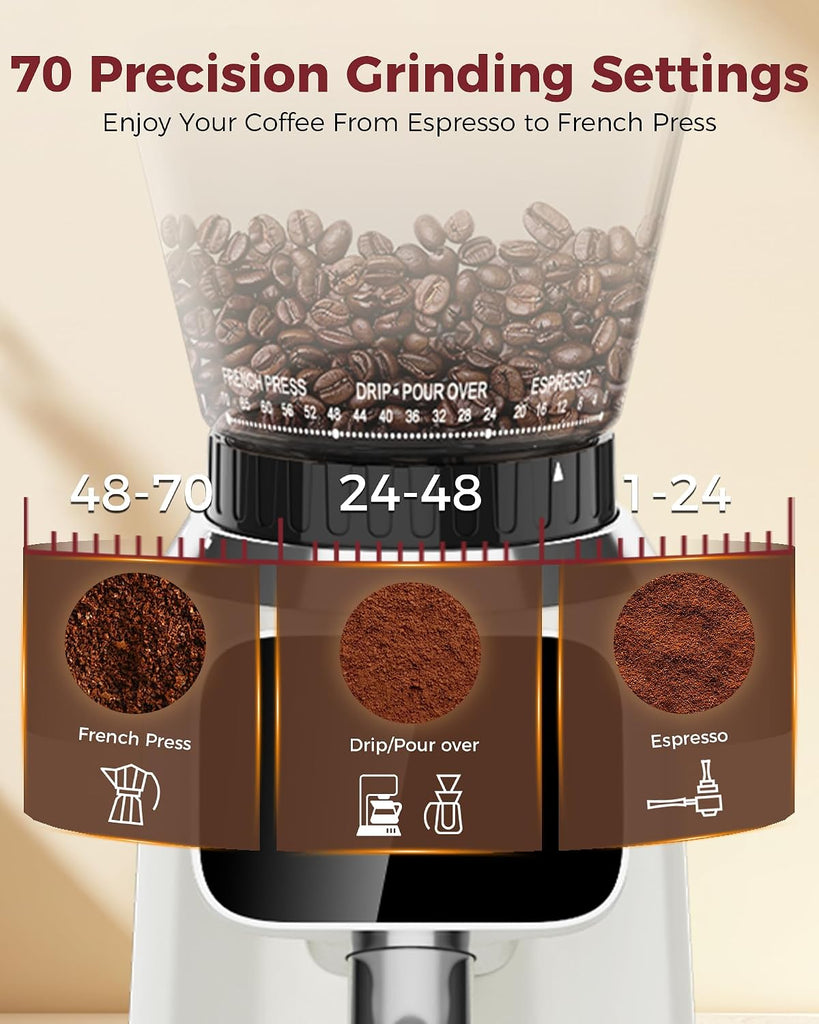 G2 Conical Burr Coffee Grinder with 70 Grind Settings, Ivory | Anti-static Burr Mill, Precision Electronic Timer and