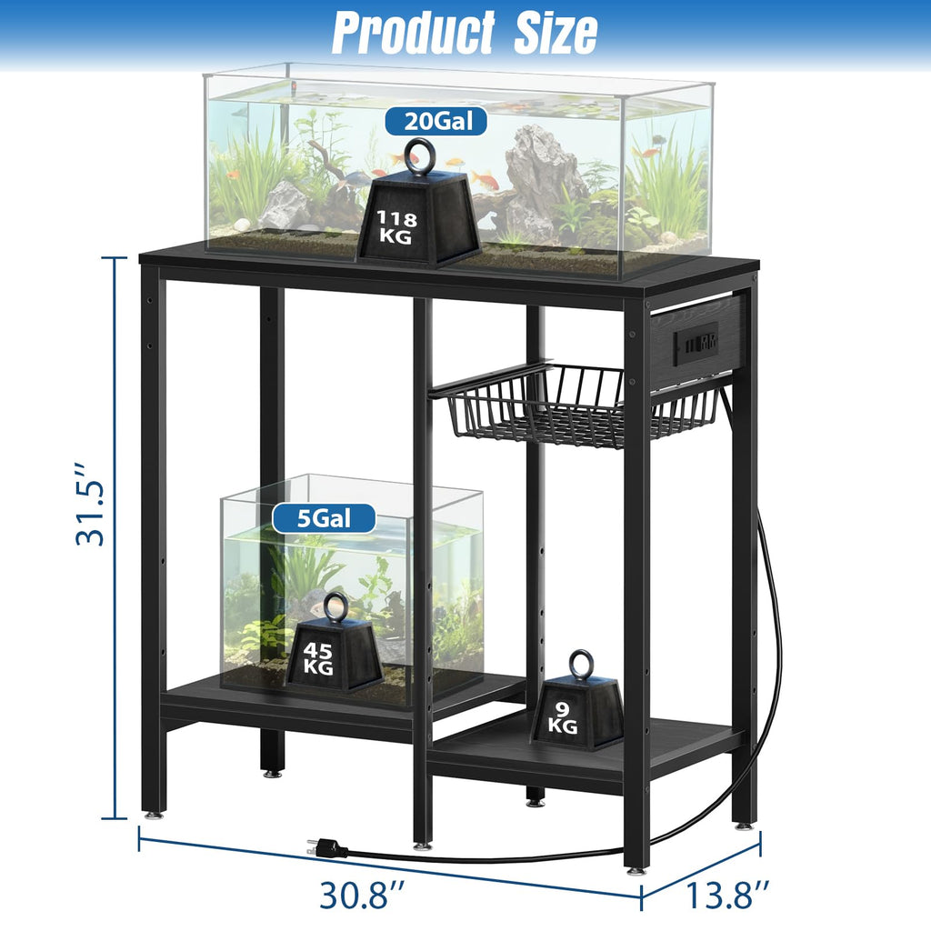 20 Gallon Fish Tank Stand with Power Outlet & Adjustable Shelves