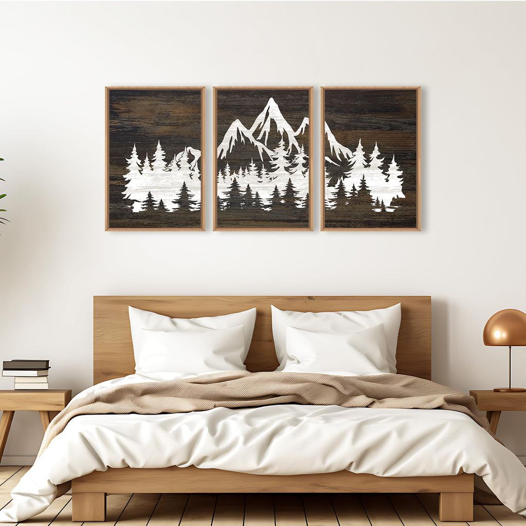 Large Mountain Tree Framed Canvas Wall Art Set, Modern White Forest Art Printing Country Minimalist Wood Wall Decor