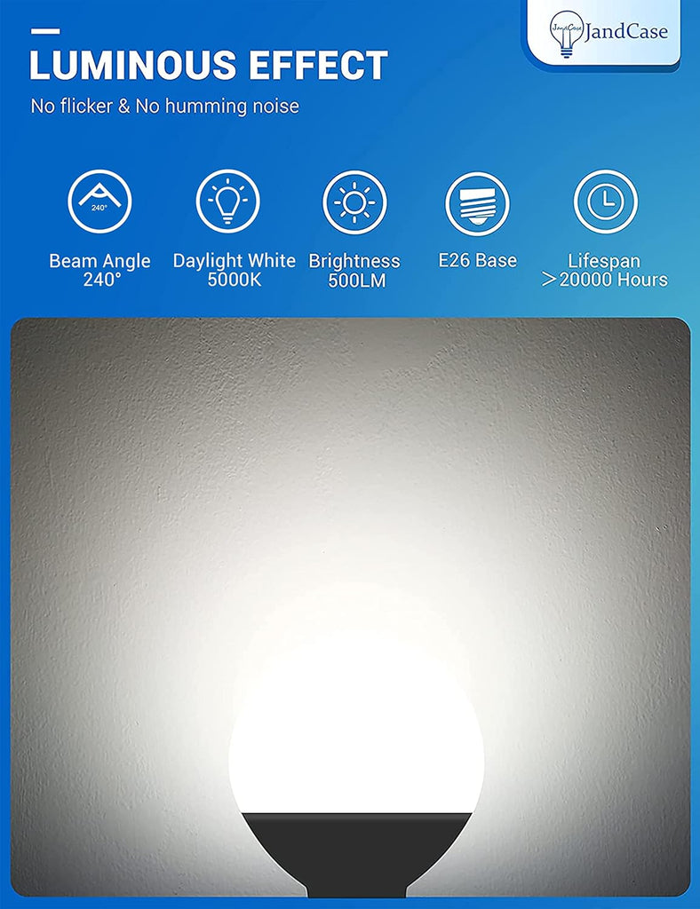 G25 LED Vanity Light Bulbs, Dimmable Globe, 5W(60W Equivalent), E26 Base, CRI 80, Daylight White 5000K, 500LM, UL