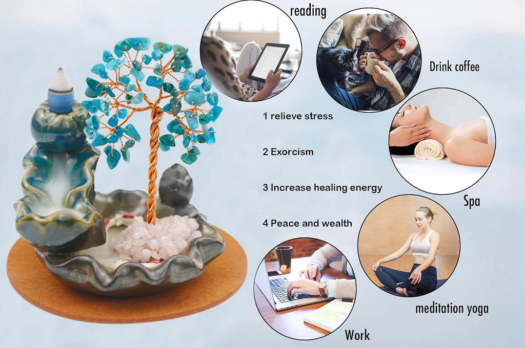 Waterfall Burner, Crystal Tree Backflow Incense Holder, with 30 Incense Cones, 30 Incense Stick, 1 Healing Crystal
