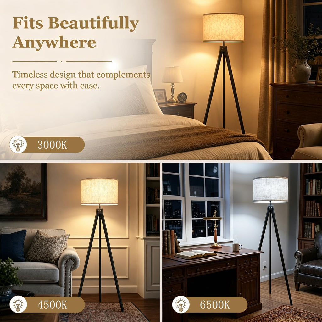 Wood Tripod Floor Lamp - Mid Century Standing Lamp with LED Dimmable