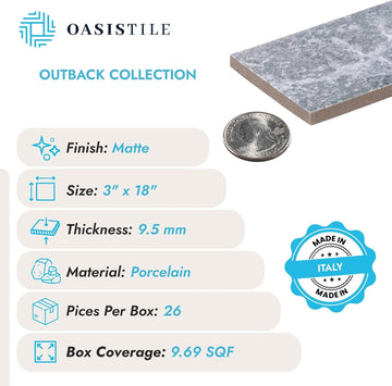 Oasis Tile Outback Archean Grey | 3x18 Matte Porcelain Tile | Durable grey matte porcelain for backsplashes, showers