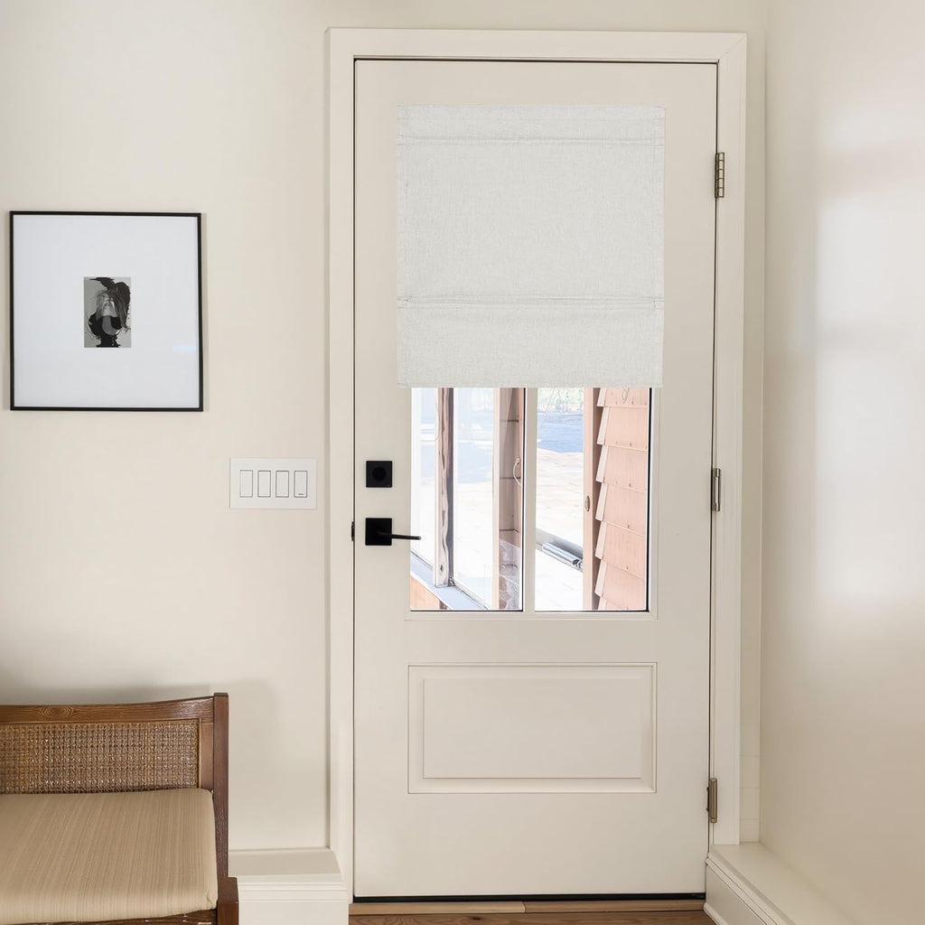 Linen 100% Blackout Roman Shade for Doors, No Drill Cordless Thermal Insulated French Door Curtain, Adhesive Top &