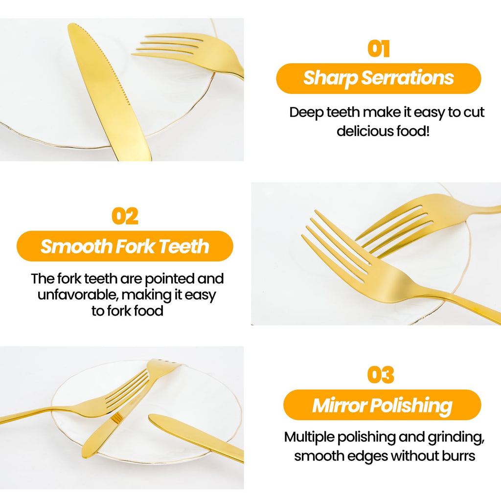 24 Piece Gold Silverware Set, Stainless Steel Flatware Set Include Knife Fork Spoon Set, Mirror Polished Cutlery Set
