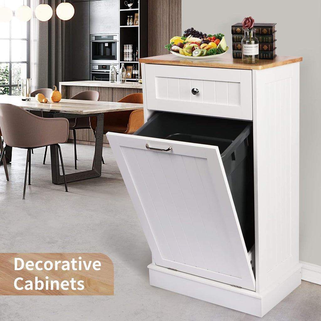 Tilt Out Trash Cabinet, Antique-Style Beadboard Kitchen Island with Solid Wood Tabletop & Drawer, Pet Proof Trash Can