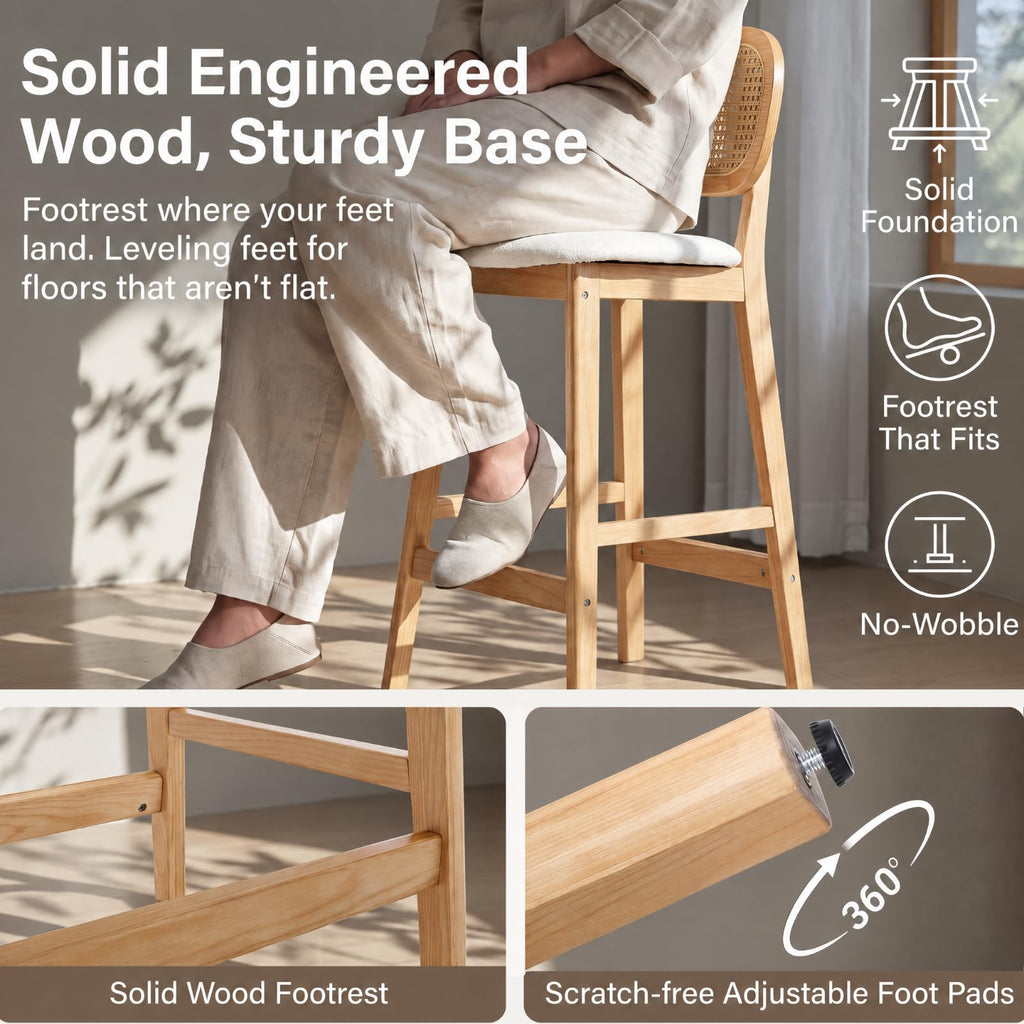Rattan Counter Height Bar Stools Set of 3 Modern Farmhouse Barstools with Cane Backs 26 Inch Wood Counter Stool