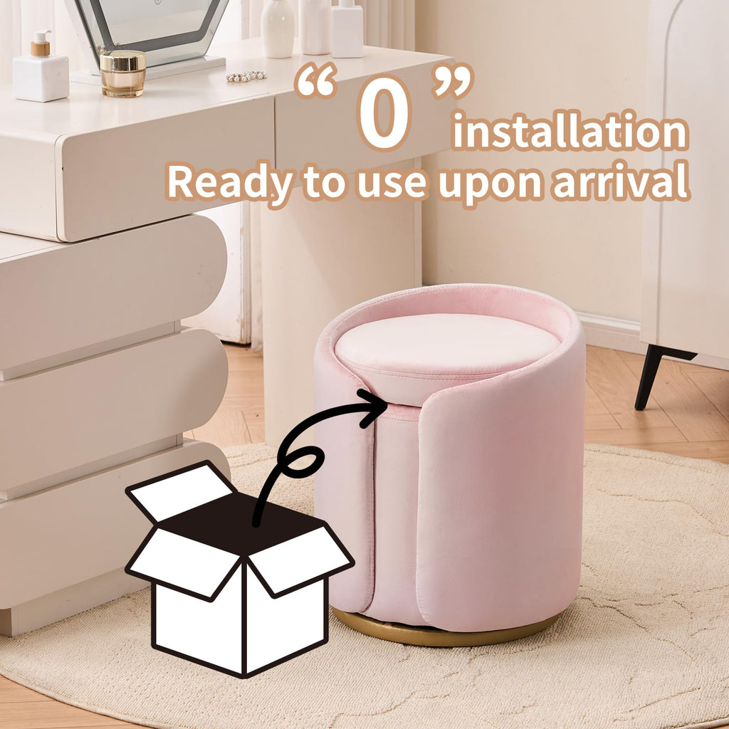 Vanity Chair with Storage, Round Velvet Vanity Stool No Wheels, Swivel Ottoman Chair with Upholstered for Women