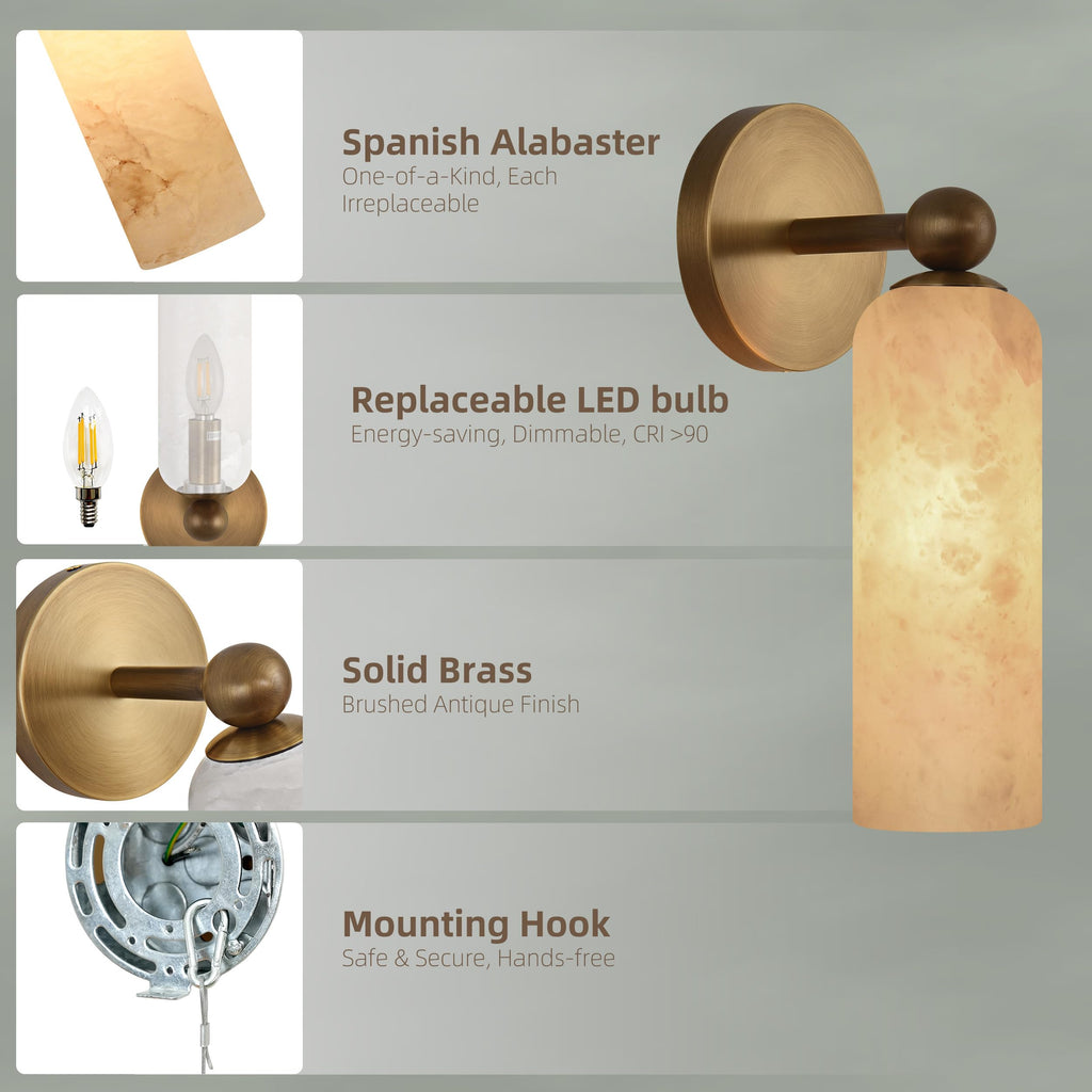 Alabaster Wall Sconce with Solid Brass, 12.4 Inches, Set of 2