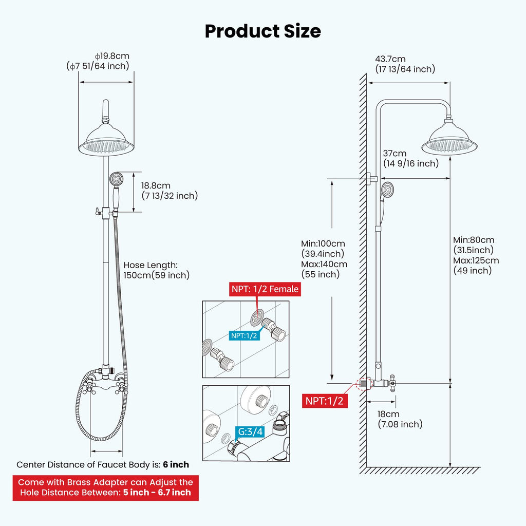 Exposed Shower System 8'' Head Antique Brass, No Shower Shelf