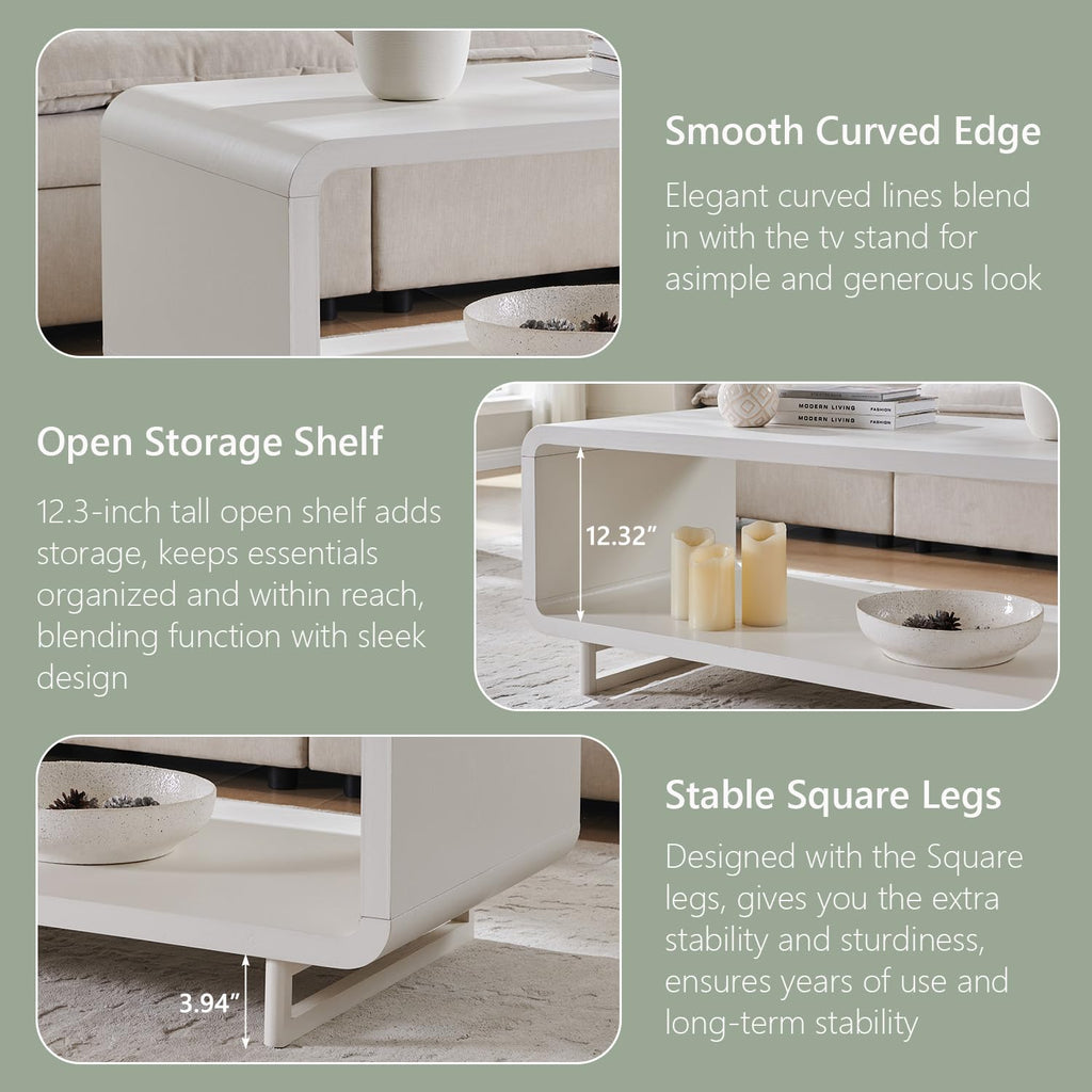 48" Modern Coffee Table, 2-Tier Minimalist Curved Center Table, White