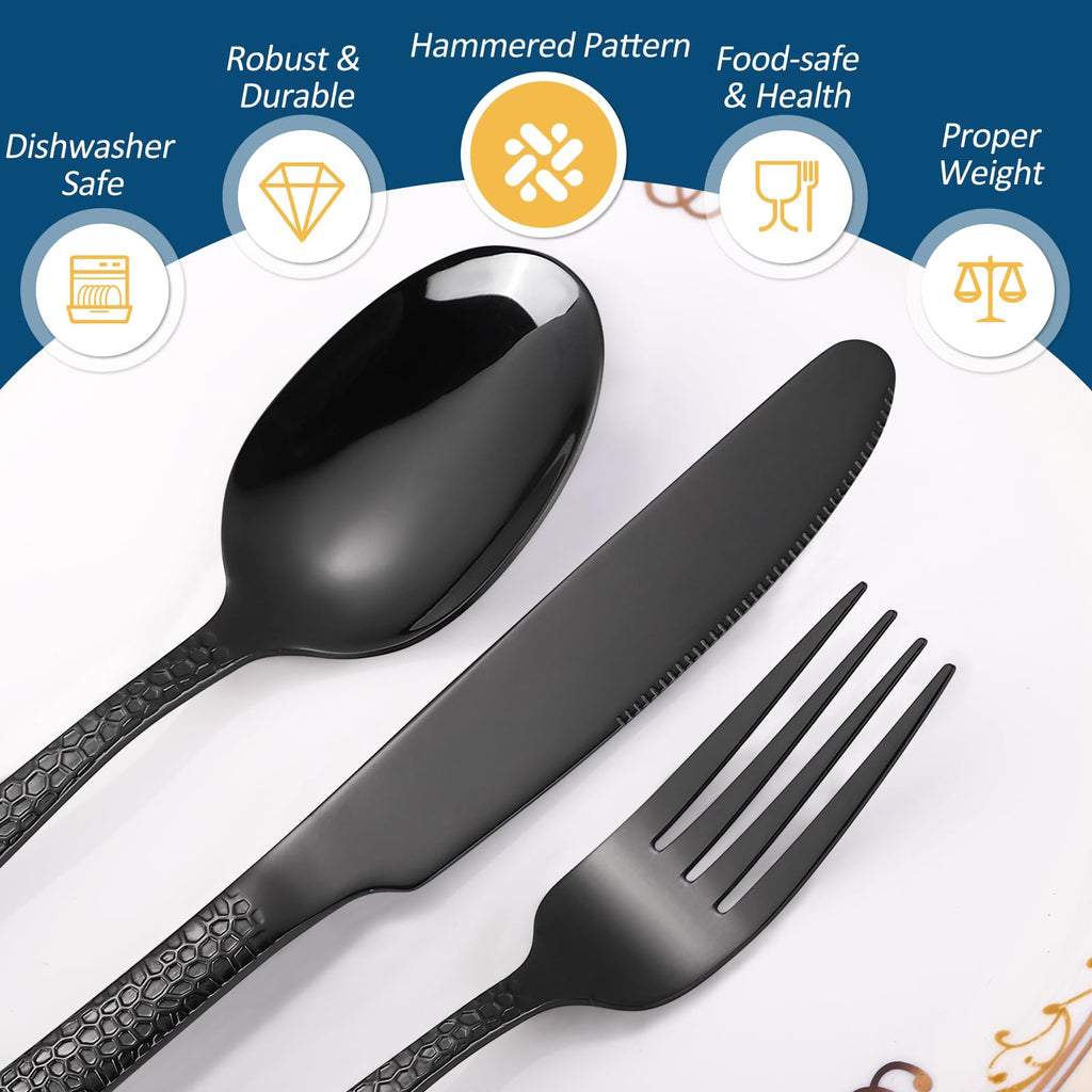 20 Piece Black Modern Flatware Set Hammered Silverware Set Stainless Steel Fine Vintage Dining Cutlery Utensil Set