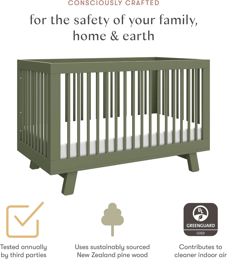 Hudson 3-in-1 Convertible Baby Crib, Olive Green | Baby Crib Converts to Toddler Bed & Daybed - GREENGUARD Gold