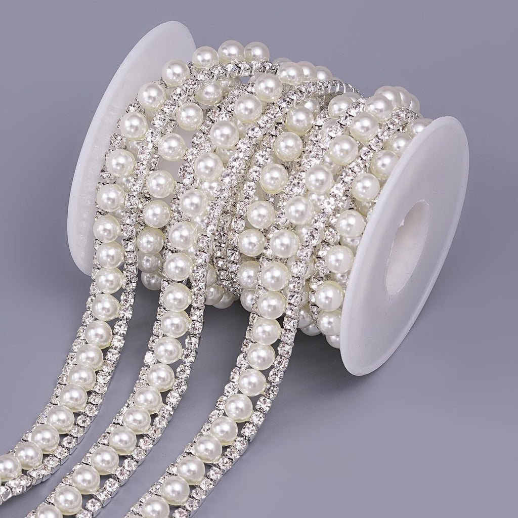 2 Rows Rhinestone Trim, Crystal Chain Inlaid White Pearl Beaded - 2 Yard