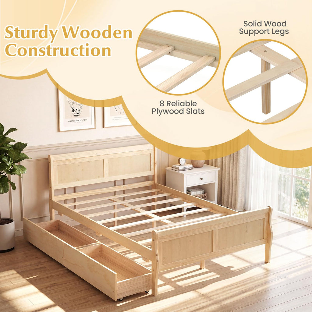 Full Bed Frame with 2 Storage Drawers, Wood Platform Bed with Headboard & Footboard, Wooden Slats Support Mattress