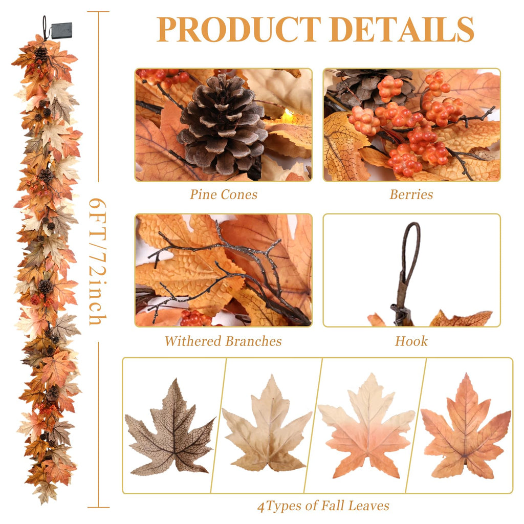 6 FT Lighted Fall Garland with Lights Autumn Automatic ON/Off Timer