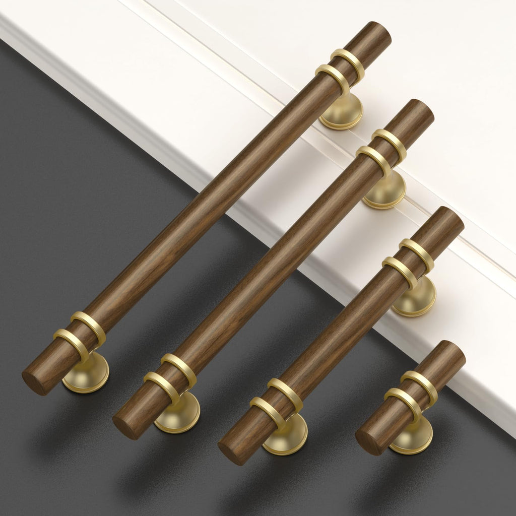 10 Pack 5 Inch(128mm) Wood and Gold Cabinet pulls Kitchen Cabinet Handles, Cabinet Pulls Kitchen Cabinet Hardware for