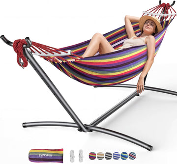 Double Hammock with Stand, 2 Person Heavy Duty Hammock with Steel Stand, 600 lbs Capacity Cotton Hammock for Outdoor