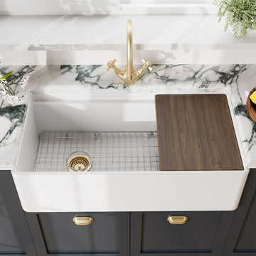 White Kitchen Sink 36 inch Single Bowl Apron Front Farmhouse Sink with Ledge, Grid and Cutting Board, Fireclay