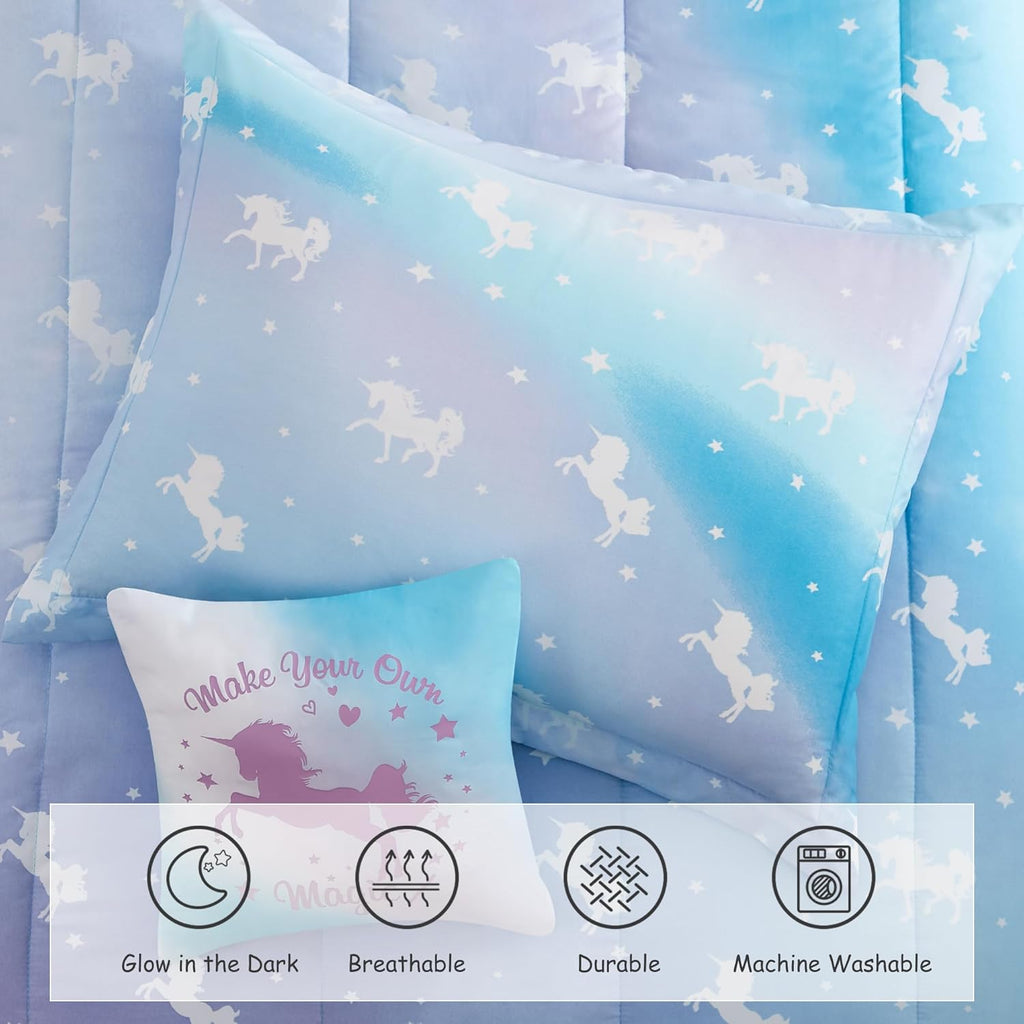 Twin Comforter Set for Girls-3 Pieces Unicorn Glow in the Dark Twin Bedding Sets for Kids,1 Comforter,1 Sham and 1