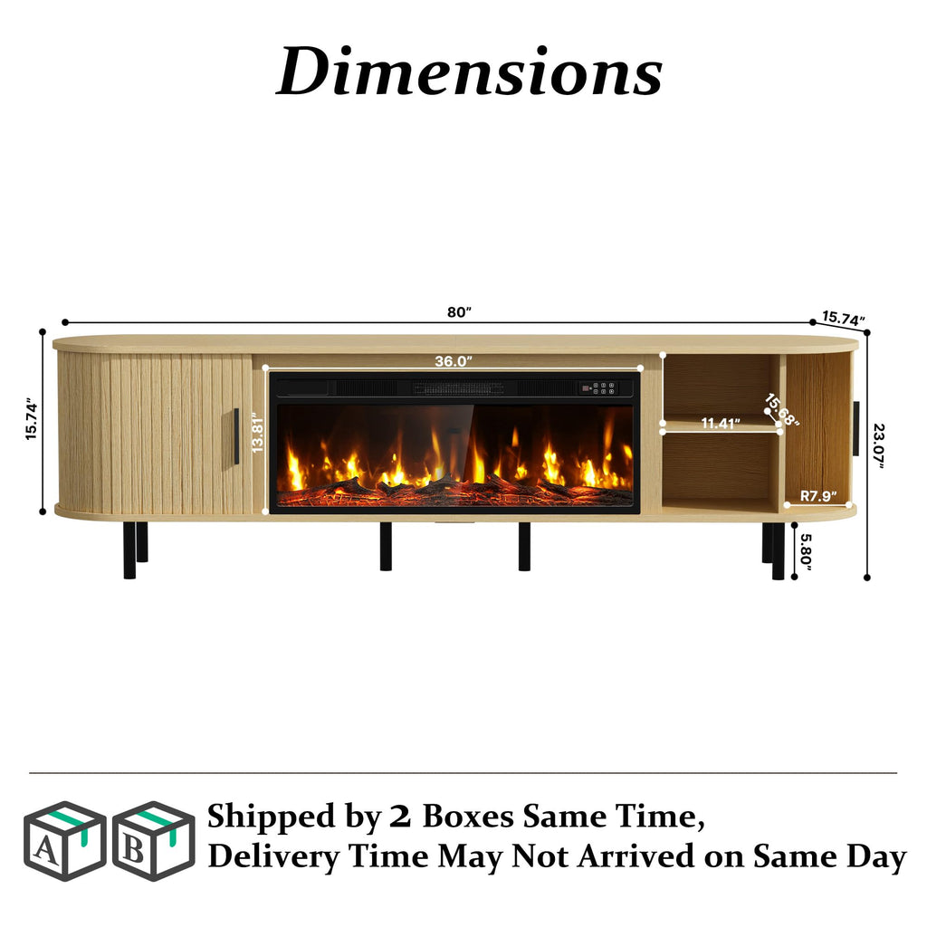 Fluted TV Stand with Fireplace, Modern Entertainment Center for TVs Up to 95 inch, Wood Media Console w/Sliding Door