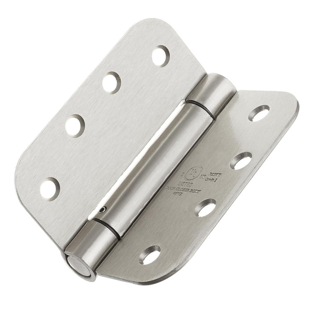 2 Pack) Heavy-Duty 4" Self-Closing Spring Door Hinge with 5/8" Radius Corners, UL Listed - Satin Nickel