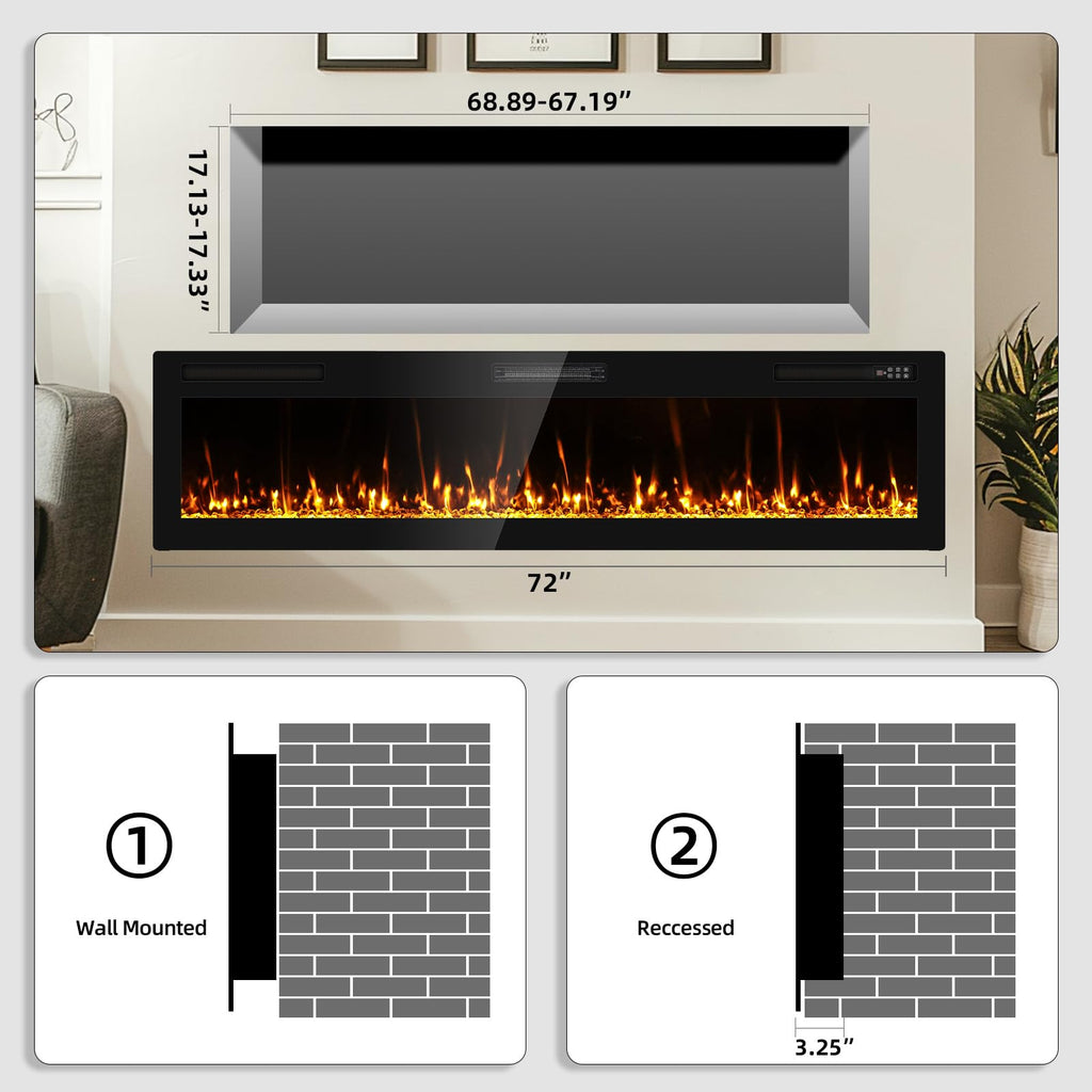 2025Newly Upgraged 72 inch Ultra Thin Electric Fireplace Inserts and Wall Mounted with Remote Control & Touch Screen