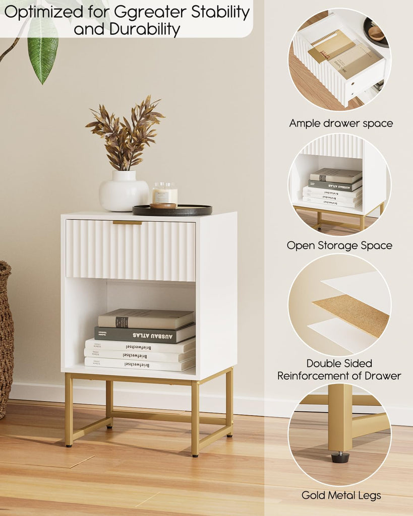 White Nightstand, Fluted Night Stand, Wood Bedside Table with Storage Drawer, Modern Side End Table, White